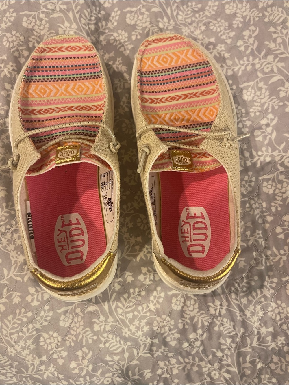 Hey Dude girls Multicolor Striped Sneakers with Pink Insole -never worn